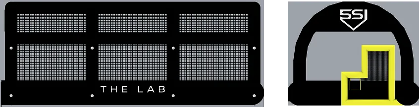 Side and front technical drawings of The Lab batting cage.