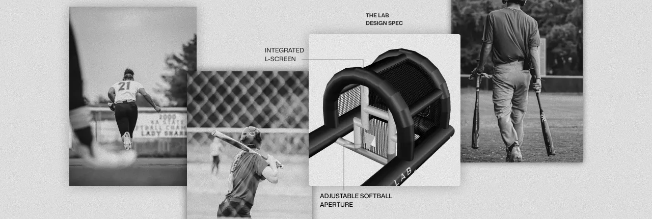 A collage of baseball and softball players alongside a techincal drawing of The Lab's integrated l-screen.